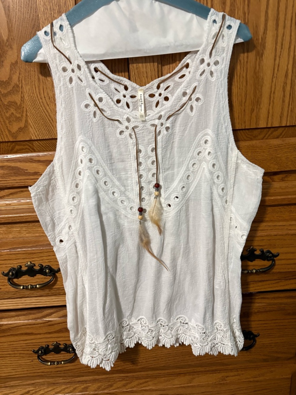 India Boutique White Eyelet Crochet Tank with Bead Tie
